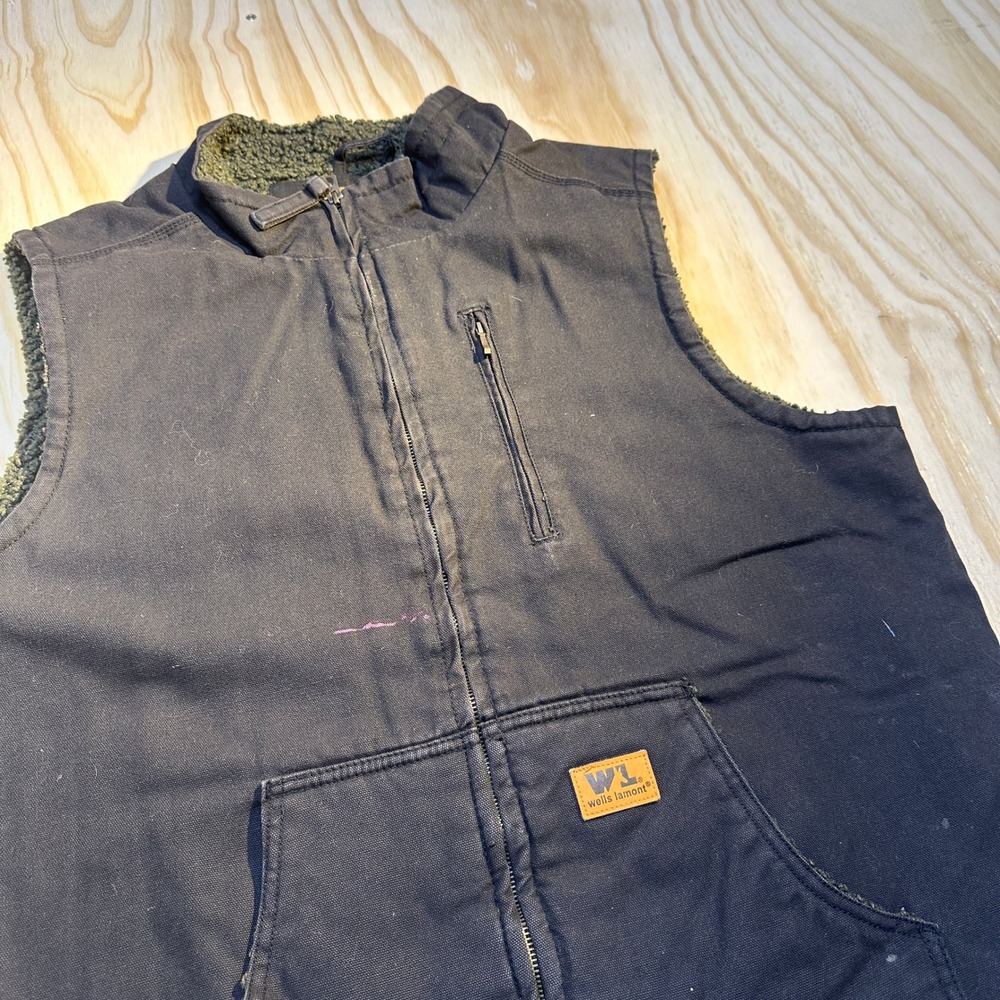 Wells Lamont Mens Large Black Canvas Sherpa Lined Full Zip Work Vest